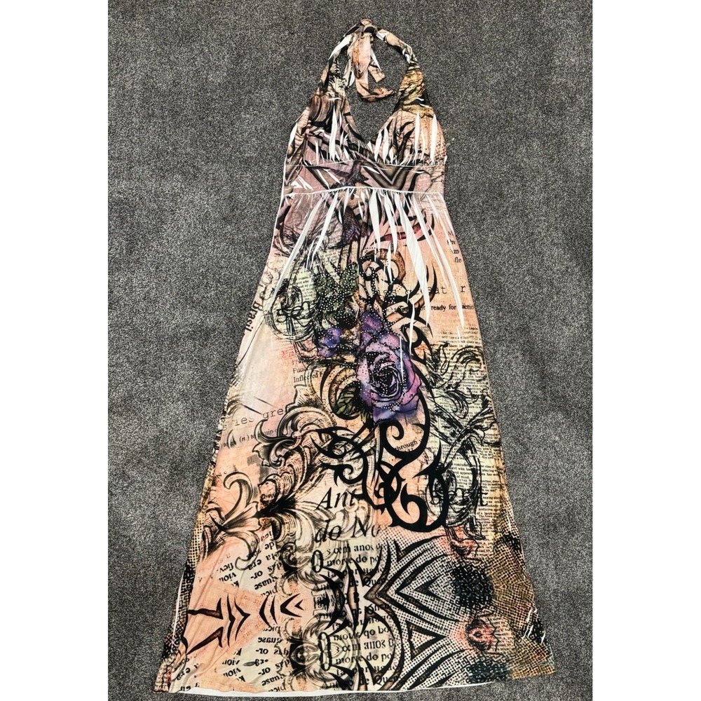 Cristina Love Multi color Designed Halter Top Maxi Dress Floral Soft Long M